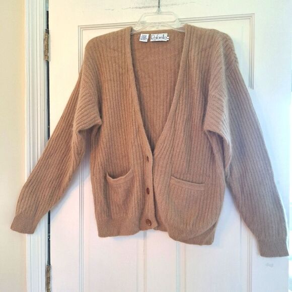 Vintage Angora Rabbit Lambswool Cardigan Camel Prep Rib Knit Sweater M Rafaella - Picture 1 of 16